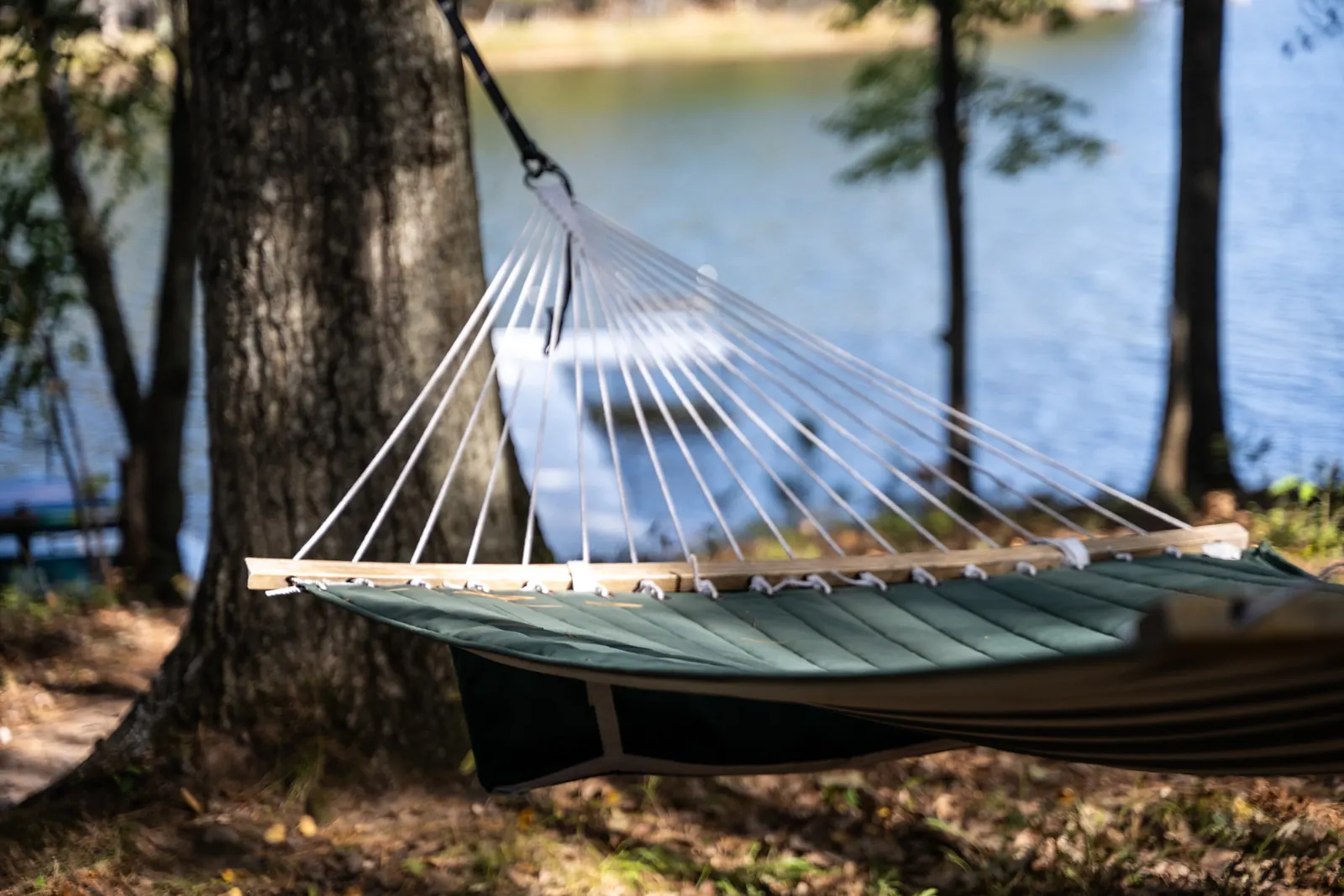 A hammock strung between tall pines near a Pine & Dandy cabin in the Northwoods near Eagle River, Wisconsin